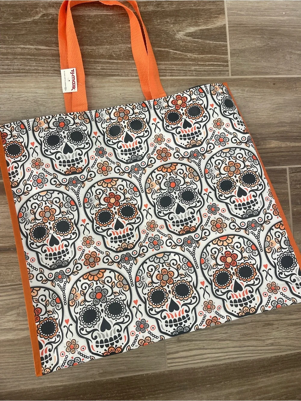 T.J.Maxx Halloween 💀🤍🧡🖤White, Orange and Black Sugar Skull Pattern Reusable Tote